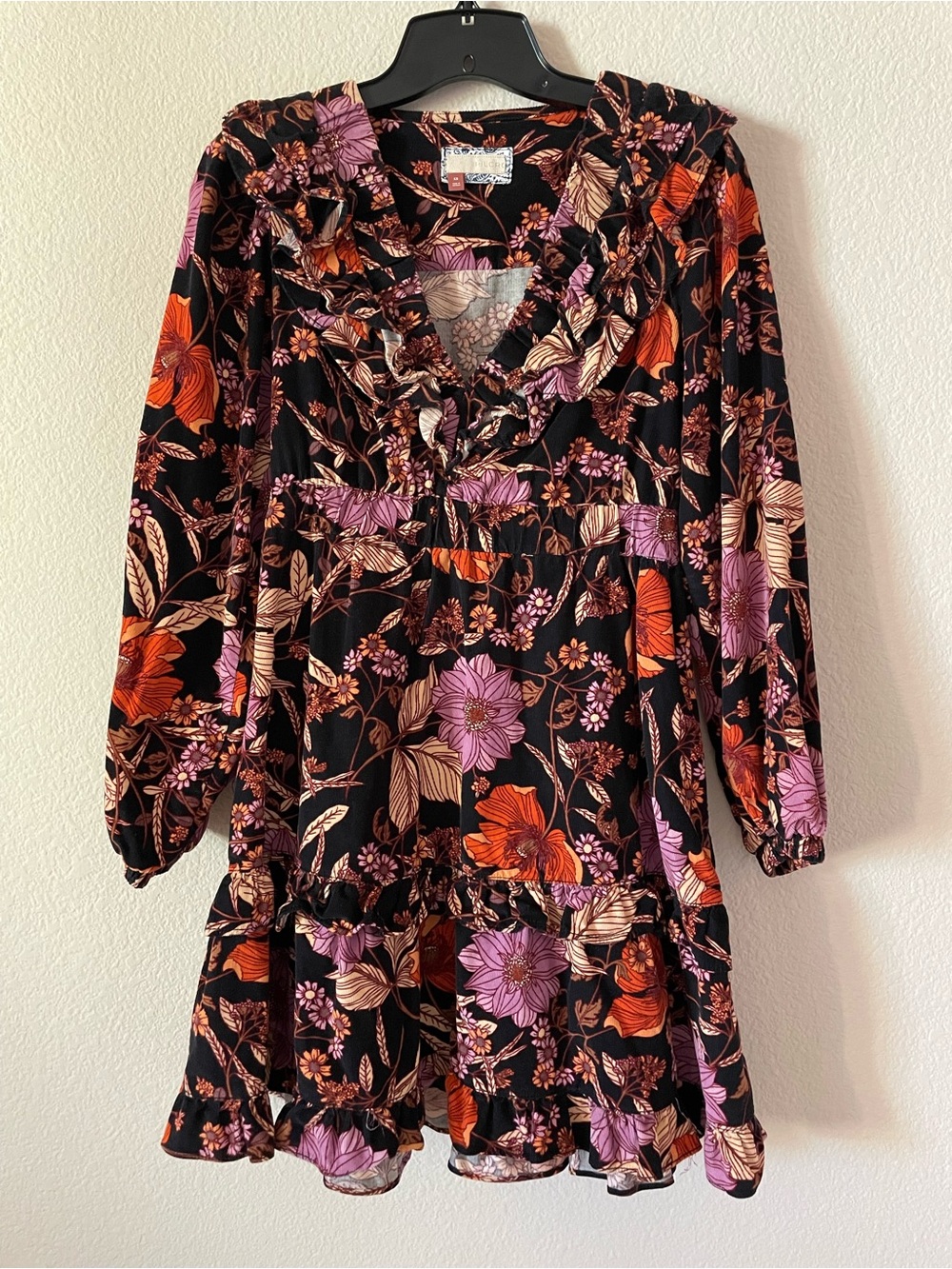Pilcro Tiered Corduroy Dress | V-Neck Mini Dress in Black with Floral Print